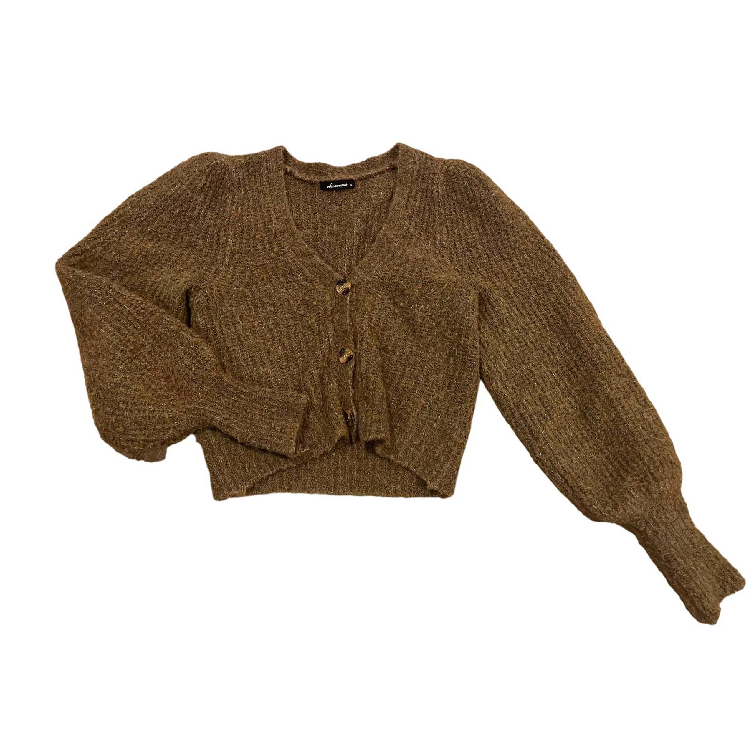 Olivaceous Puffy Shoulder and Balloon Sleeve Button Cardigan Sweater Size Medium
