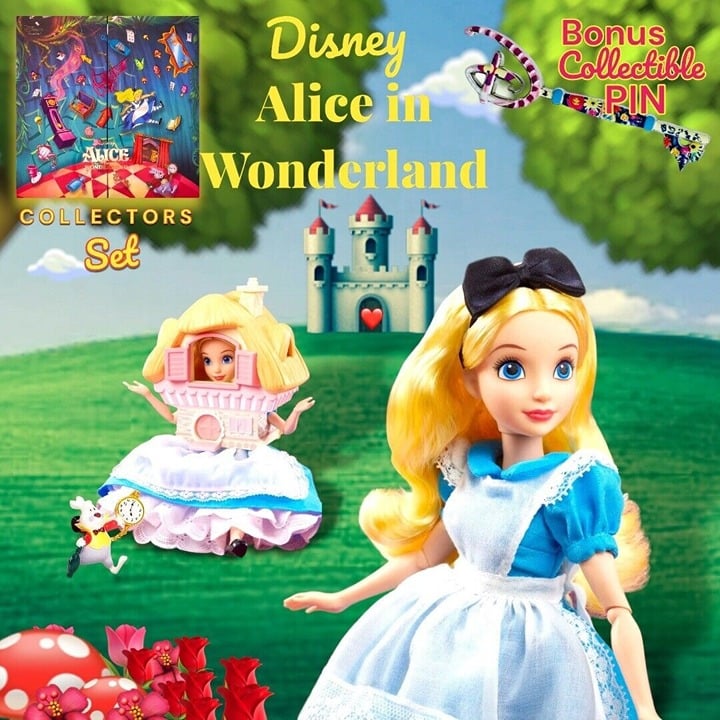 DISNEY MATTEL LIMITED EDITION ALICE IN WONDERLAND SET & LE 70TH ANNIVERSARY PIN!