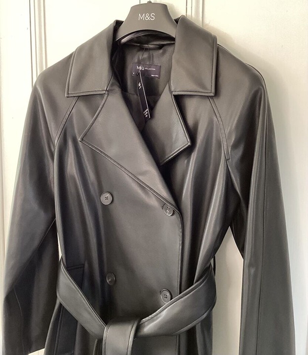 Marks And Spencer Faux Leather Double Breasted Belted Trench Coat Sz 14-16 Black