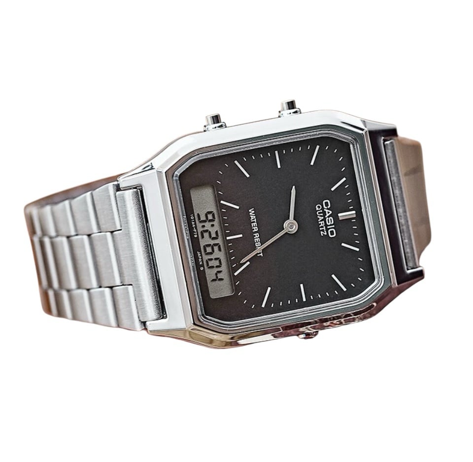 Casio AQ-230A-1D Vintage Retro Stainless Steel Black Dial Alarm Men's Watch