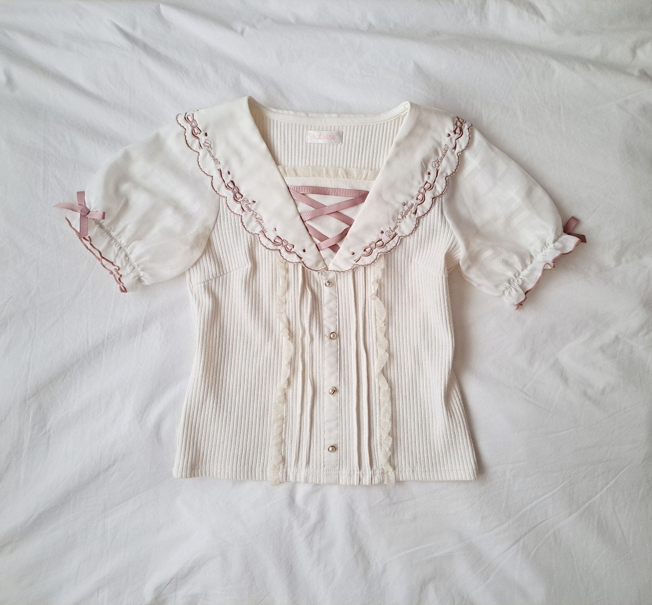 Liz Lisa Knit sailor collar top with pink ribbons