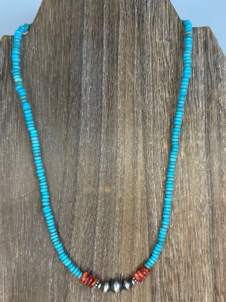 Native Sterling Silver Kingman Turquoise Heishi and Navajo Pearl 16” Necklace
