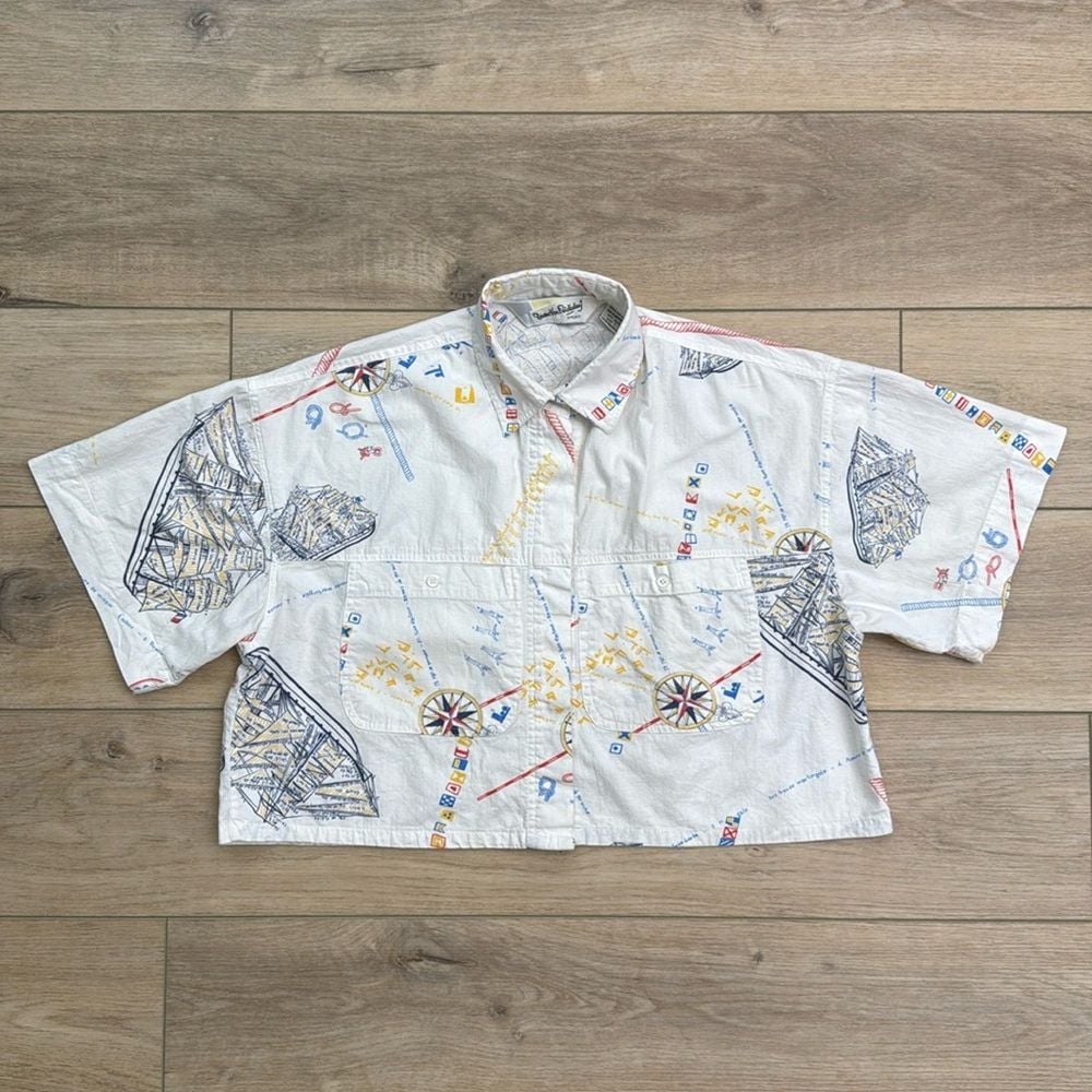 Vintage Diane Von Furstenberg Sport Boxy Top Nautical Map Sailing Compass Large
