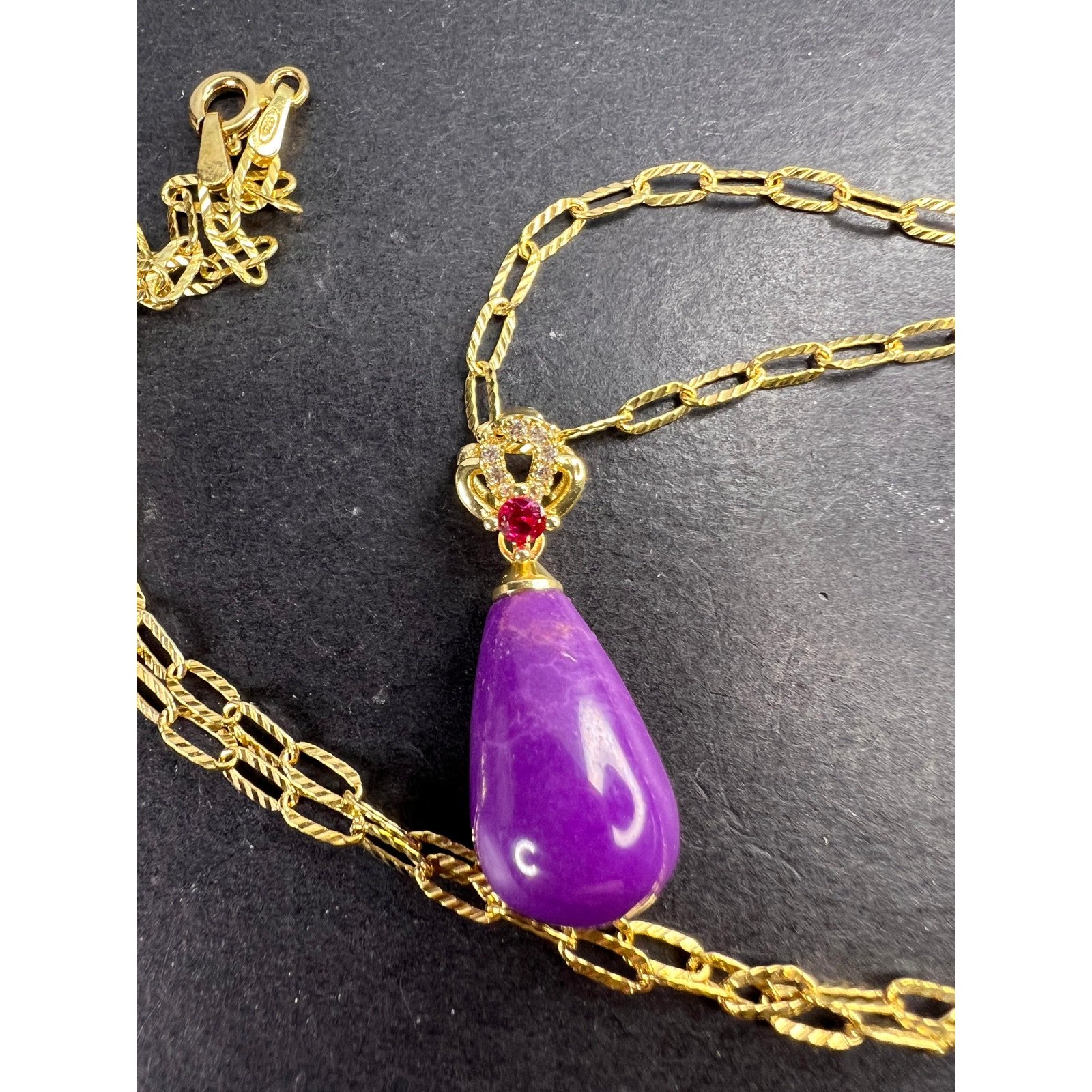 Phosphosiderite and CZ pendant with gold over sterling silver chain necklace