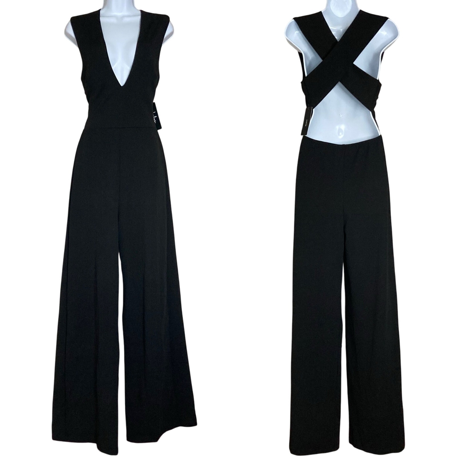 Lulu's Thinking Out Loud Black Backless Jumpsuit V-Neck Wide Leg Size Medium NWT