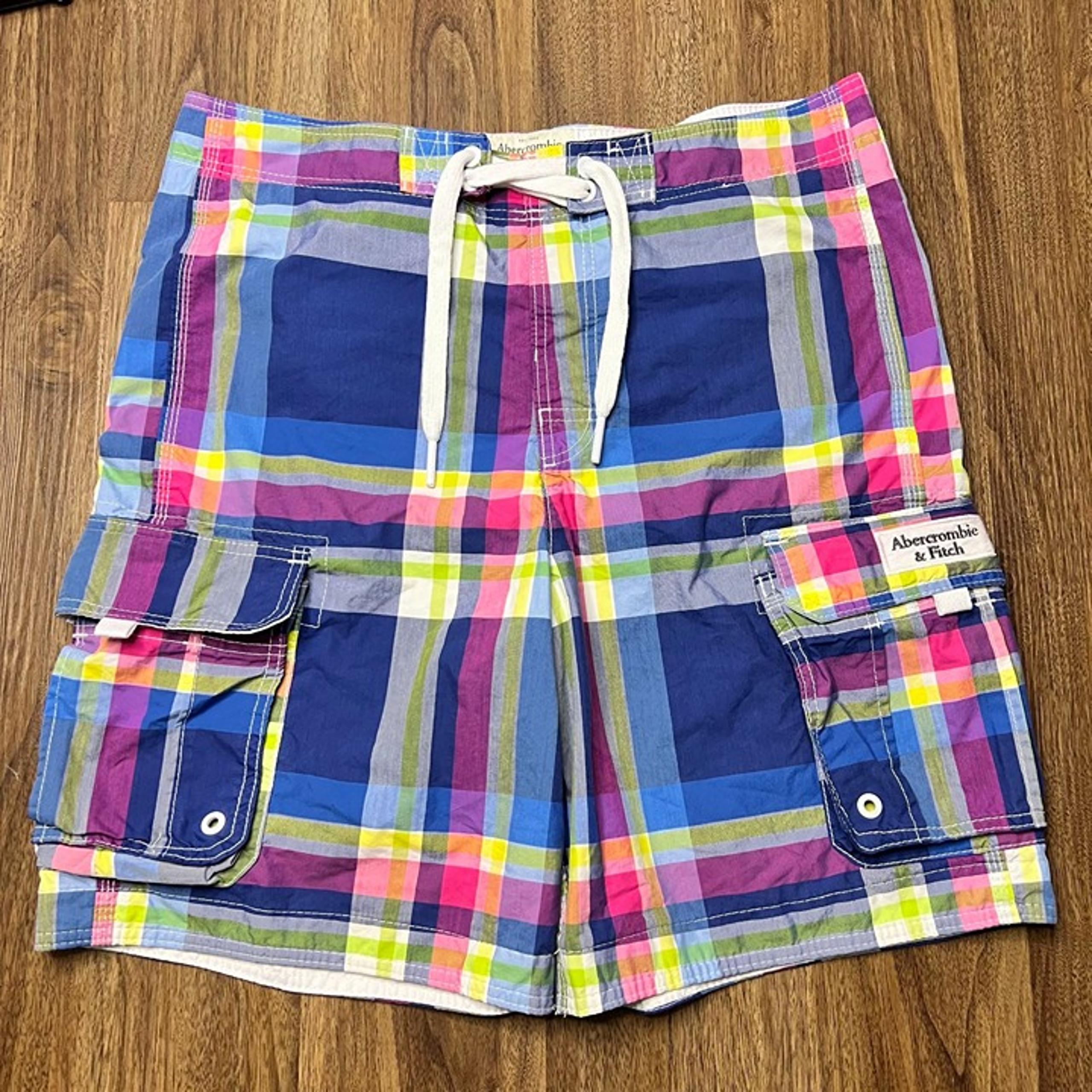 Abercrombie & Fitch Mens Cargo Tugger Board Shorts Plaid Cargo Pockets XL