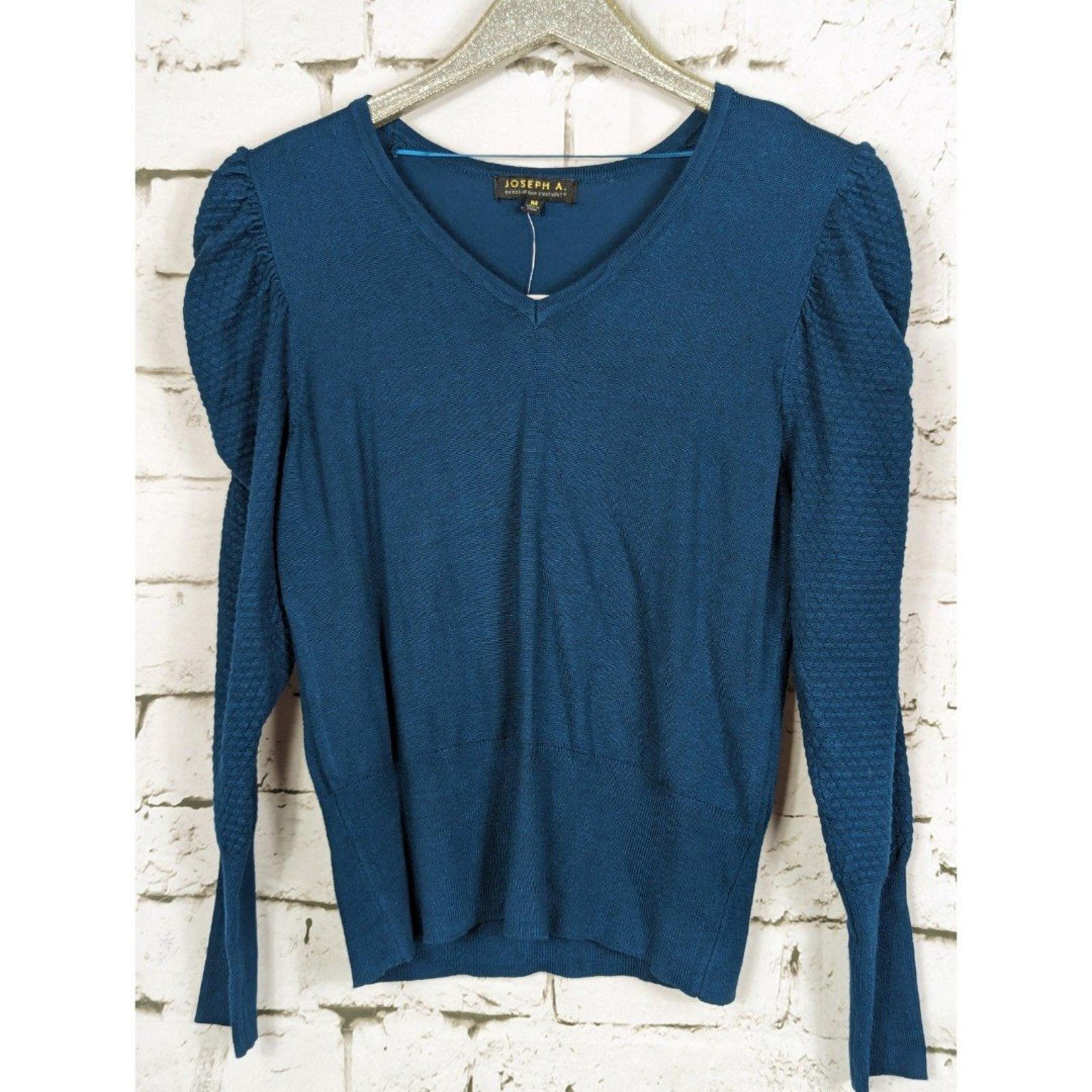 JOSEPH A. Ruched Puff Sleeve V-Neck Knit Top Teal Blue Medium NWT