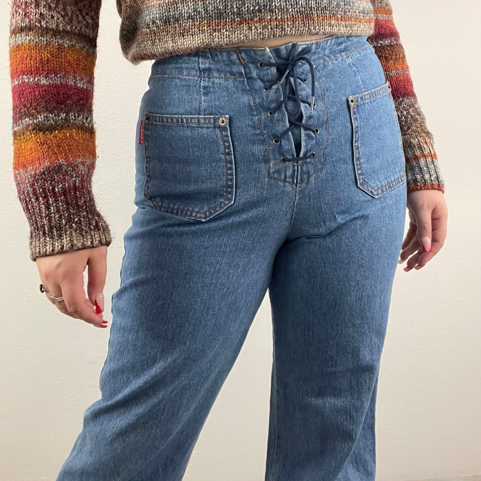 EUNINA Vintage 90s Light Blue Lace Up Fly High Waisted Hippie Flare Leg Jeans
