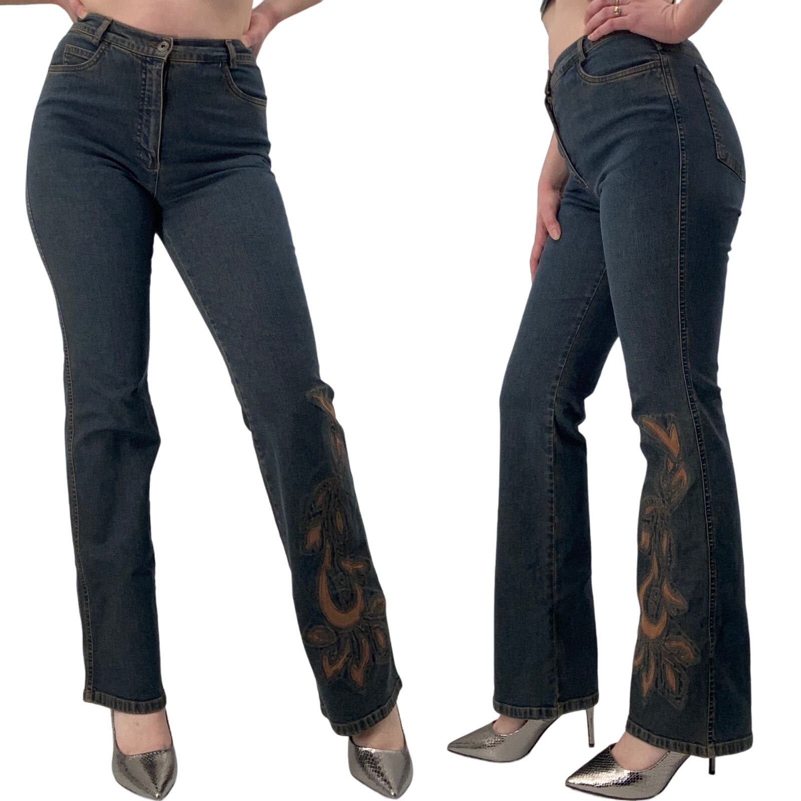 Vintage Y2k Olsen Flared Jeans Embroidered Applique High Rise Rigid Denim 27/ 6