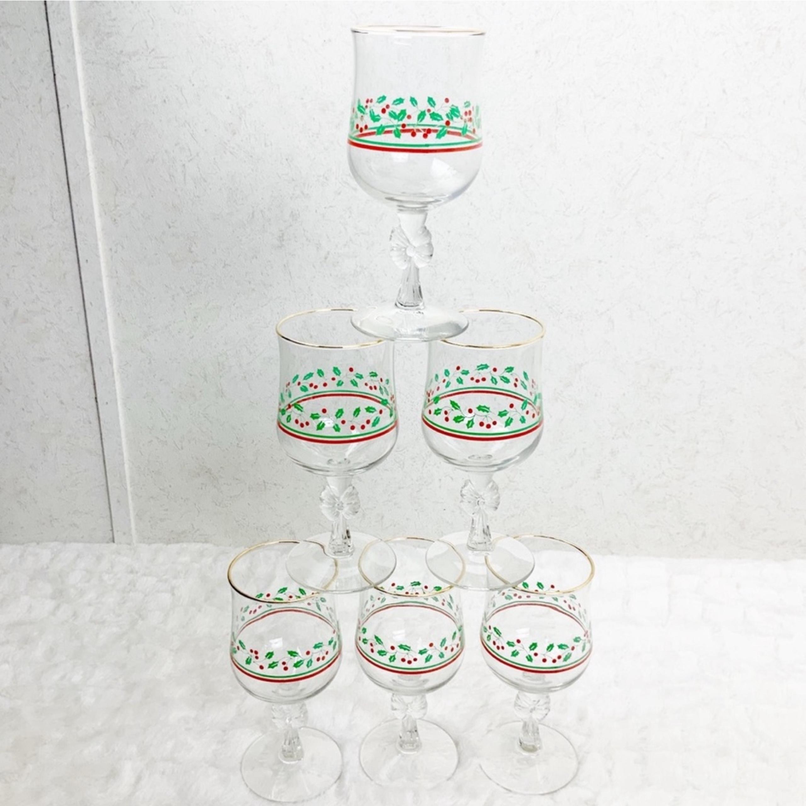Vintage Libbey Arby’s 6 Holly Berry Wine Glasses Bow Stem Christmas Holiday