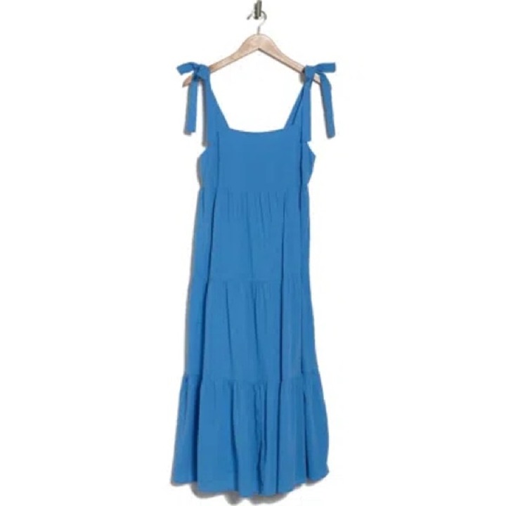 Women's Madewell Tie-Strap Tiered Midi Dress in Blue Size S