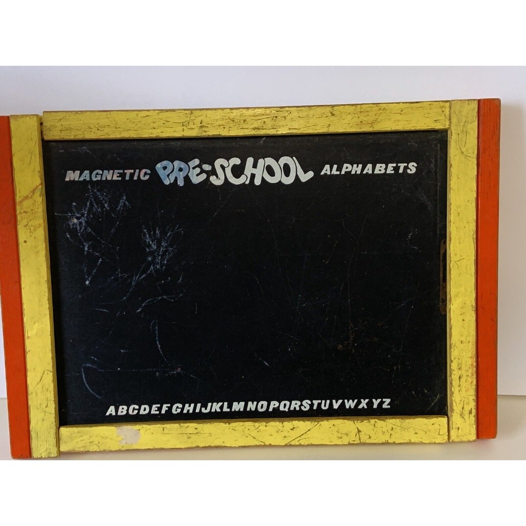 RARE Vintage Chalkboard /Dry Erase Board Yellow Wood Frame W/Compartment Storage