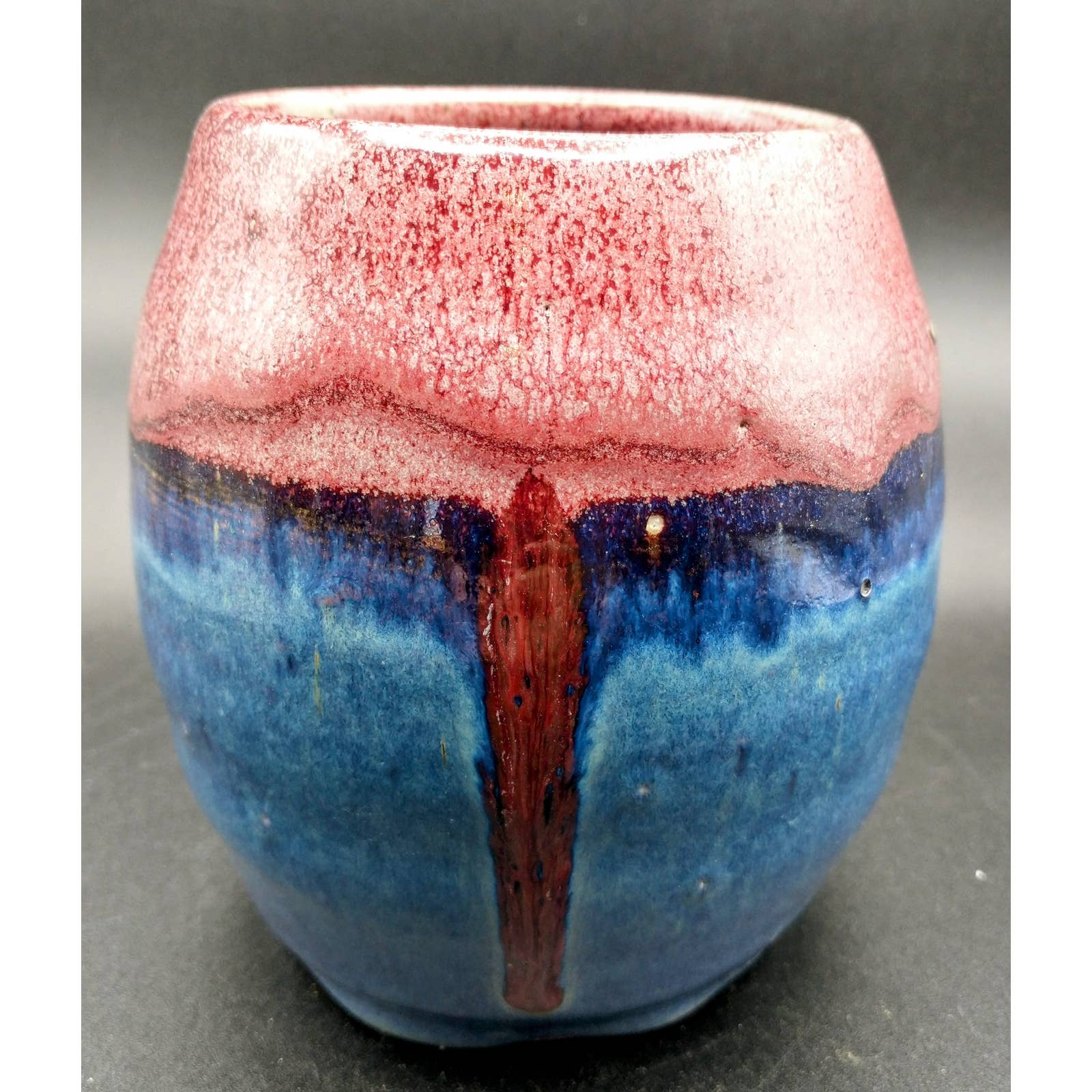 Vintage 1970s Red Blue Drip Glaze Pottery Vase Stoneware