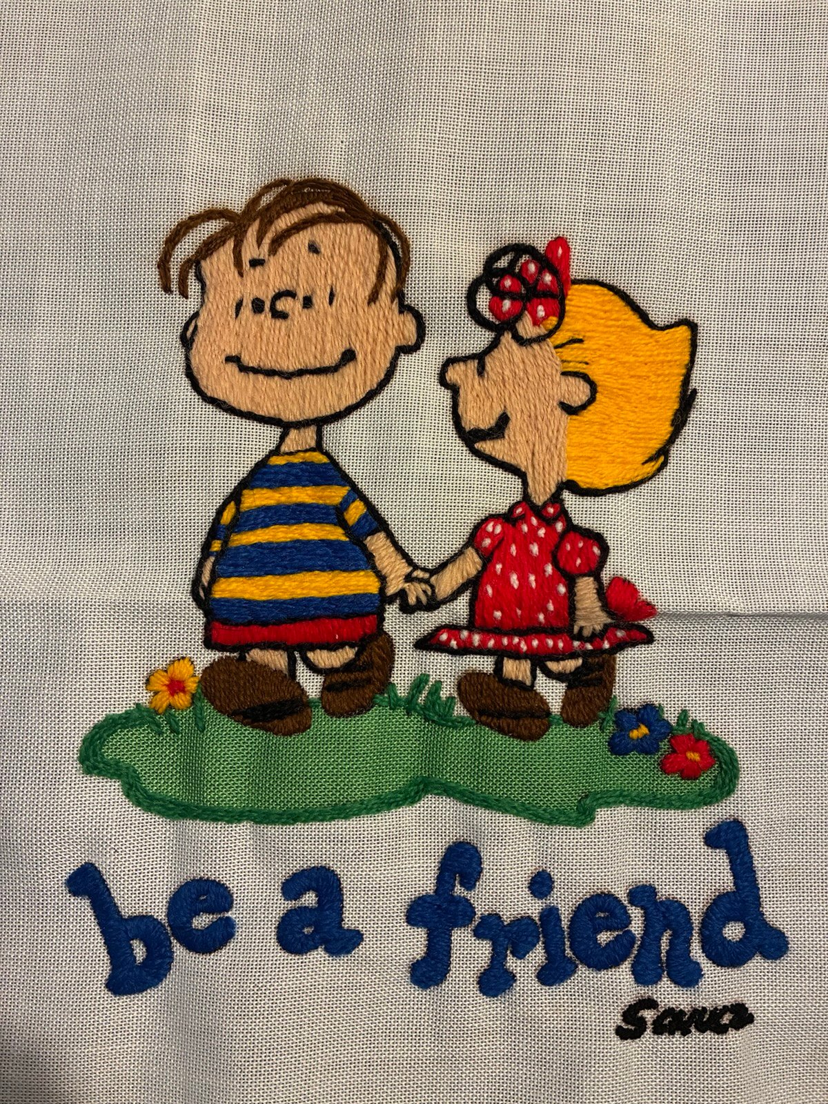 Finished Vintage BE A FRIEND Lucy Linus Peanuts Crewel Stichery 1960 Un-framed.