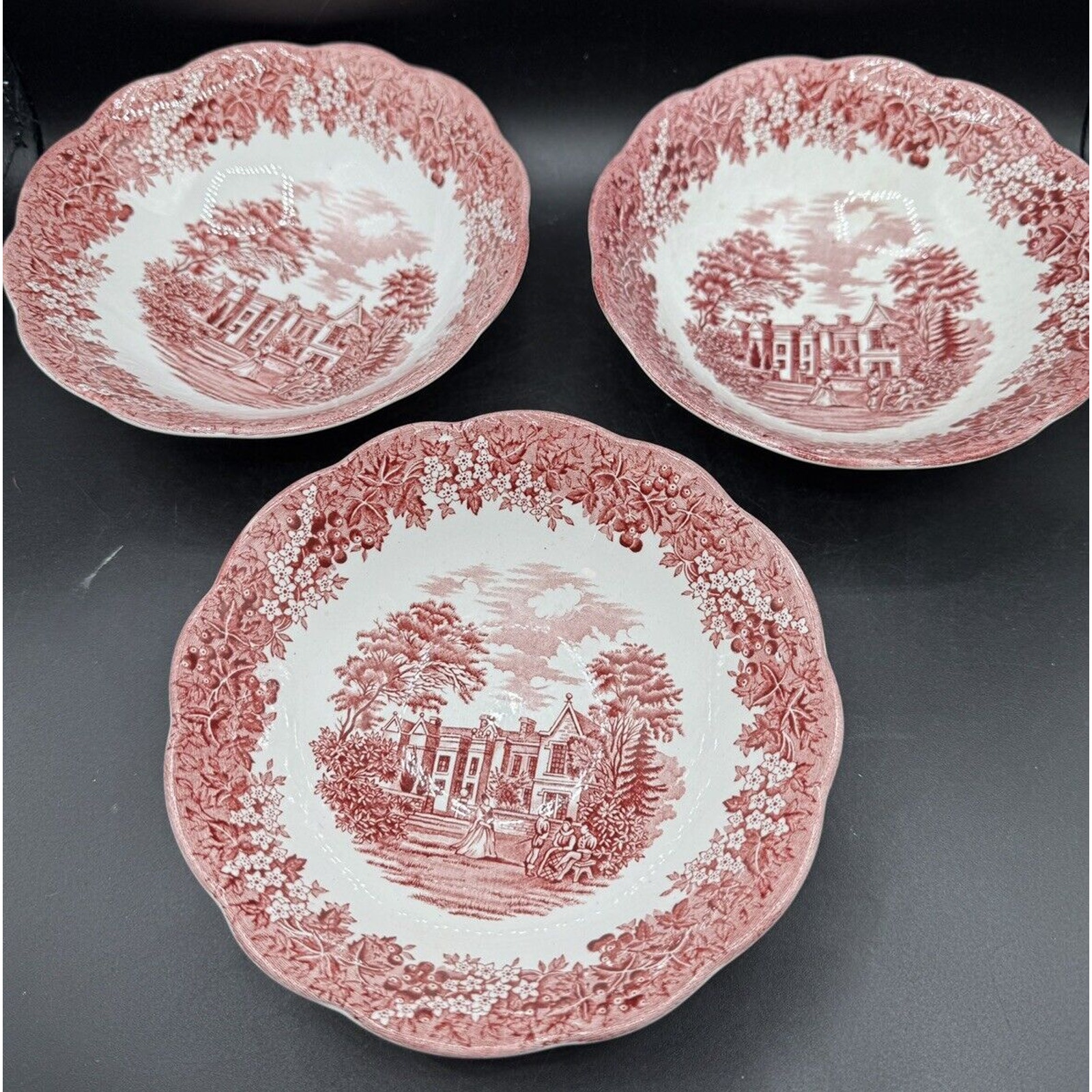 3 Vtg J&G Meakin Romantic England Buckinghamshire Chequers Red Ironstone Bowls