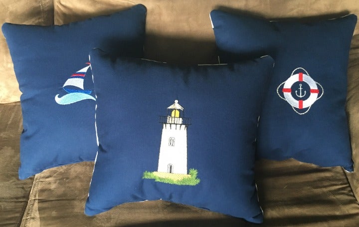 3 Blu/Wht Embroidered Nautical Pillows