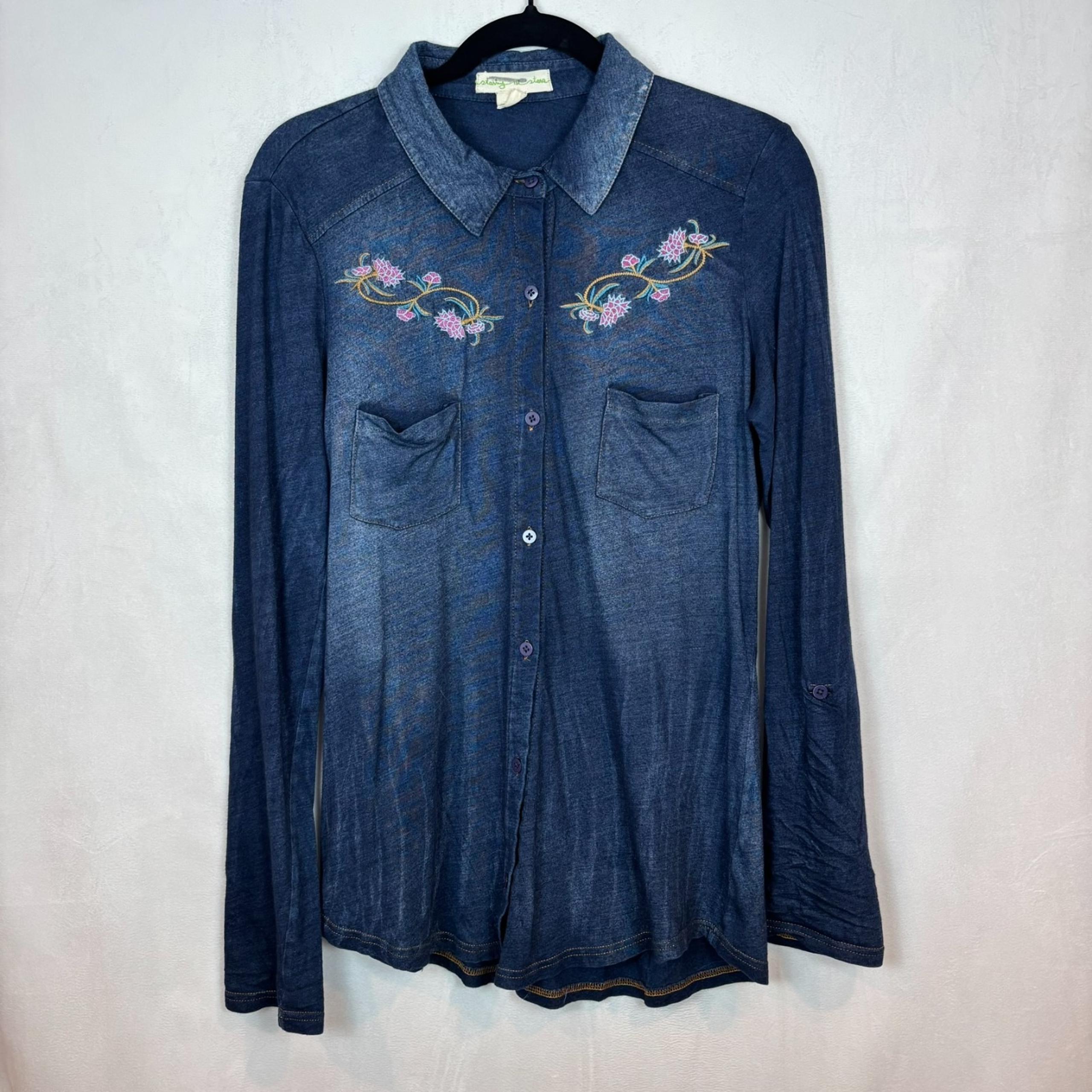 Staring at Stars Womens Blue embroidered floral button front blouse sz M boho