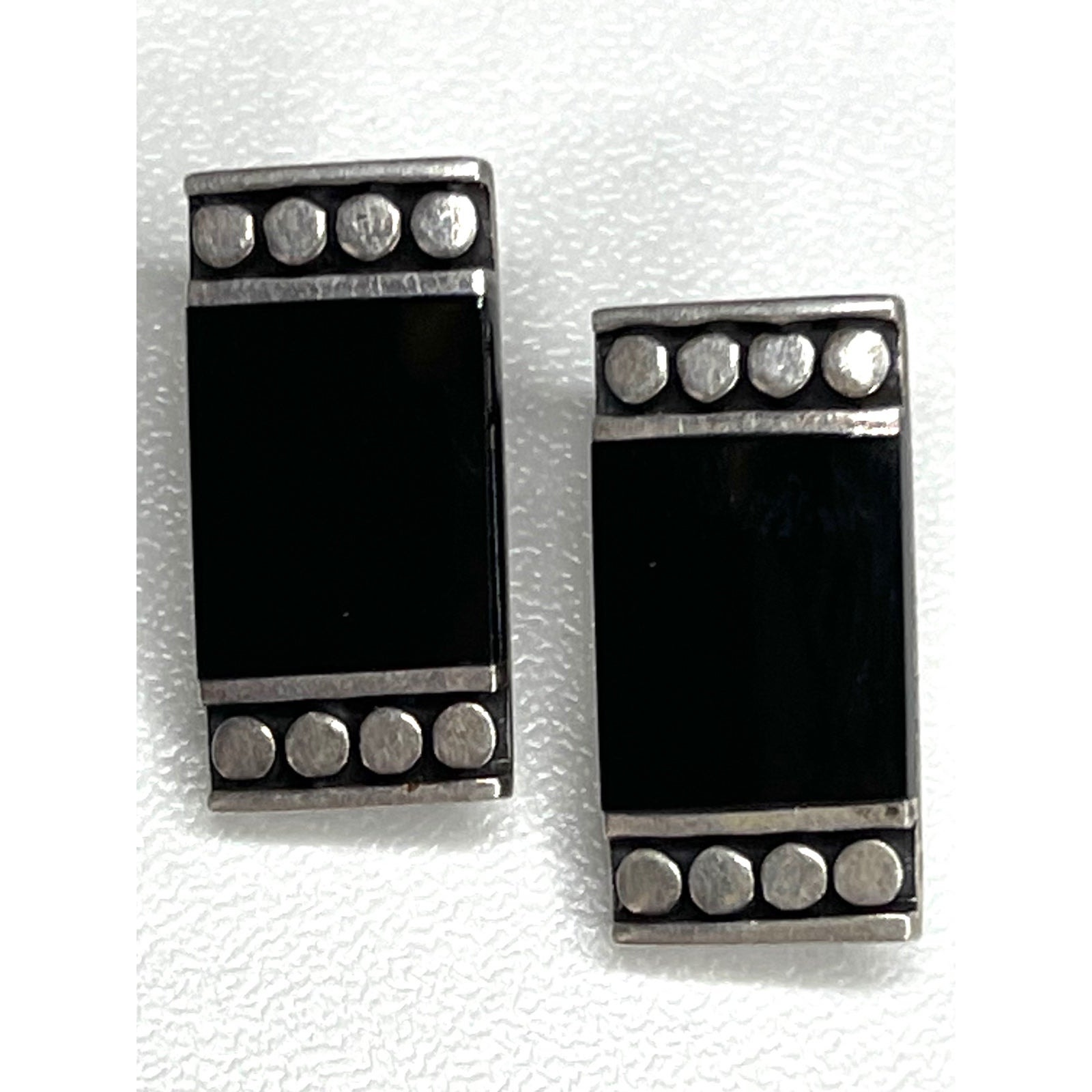 VINTAGE Earrings Onyx Inlay Sterling Silver Artist Signed 925 Jewelry O24