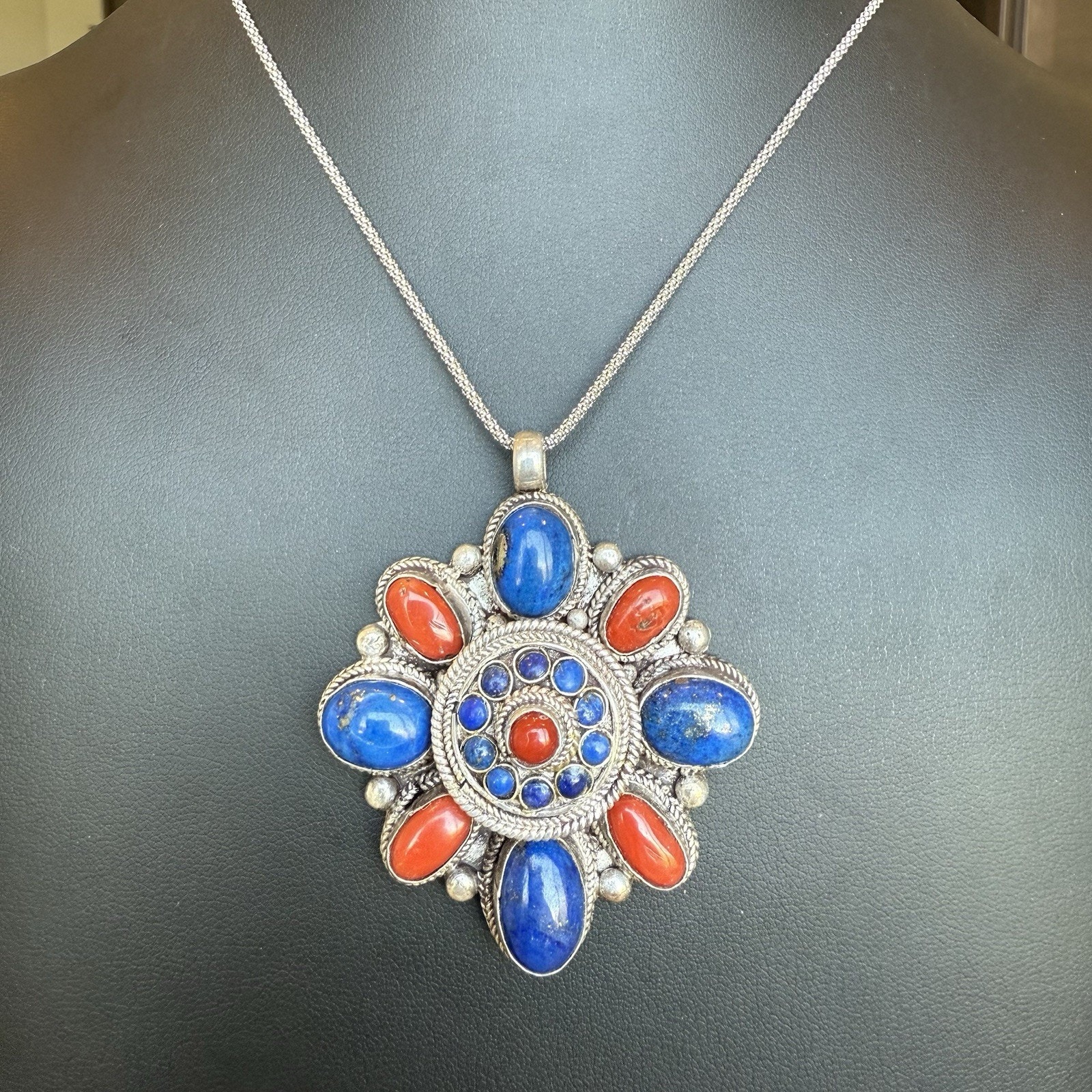 Vtg Sterling Silver Lapis Coral /Jasper Bali Style Poison Locket Necklace 925