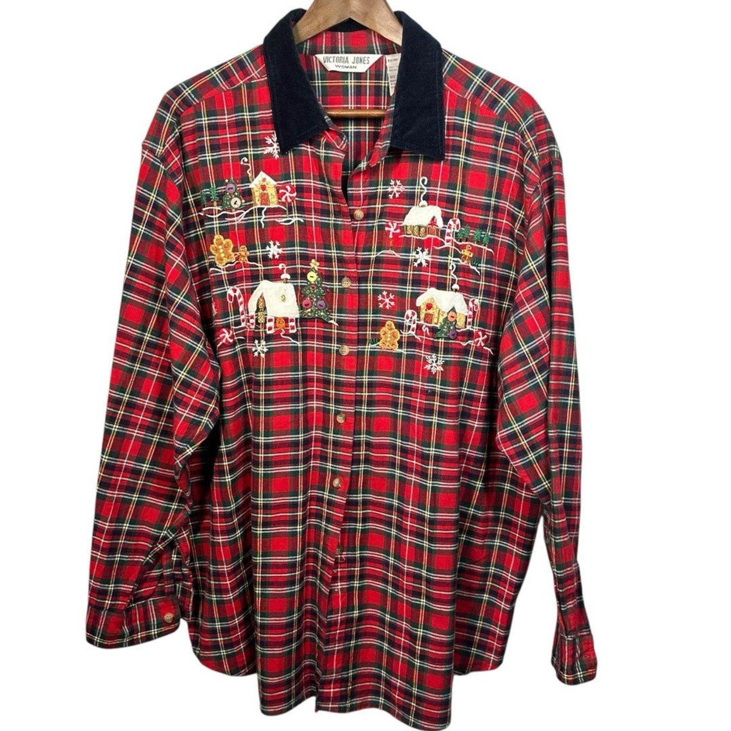 Victoria Jones Christmas Shirt Women Red Plaid Flannel Embroidered Size 2X
