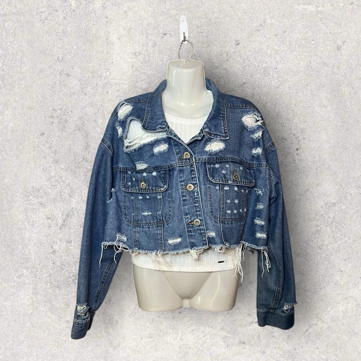 Highway Jeans Denim Distressed Button Front Cropped Jean Jacket Size 2X
