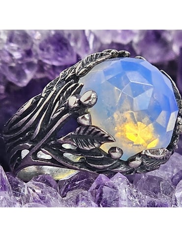 925 Sterling Silver Round Iridescent Stone & Leaf Design Ring SZ 8
