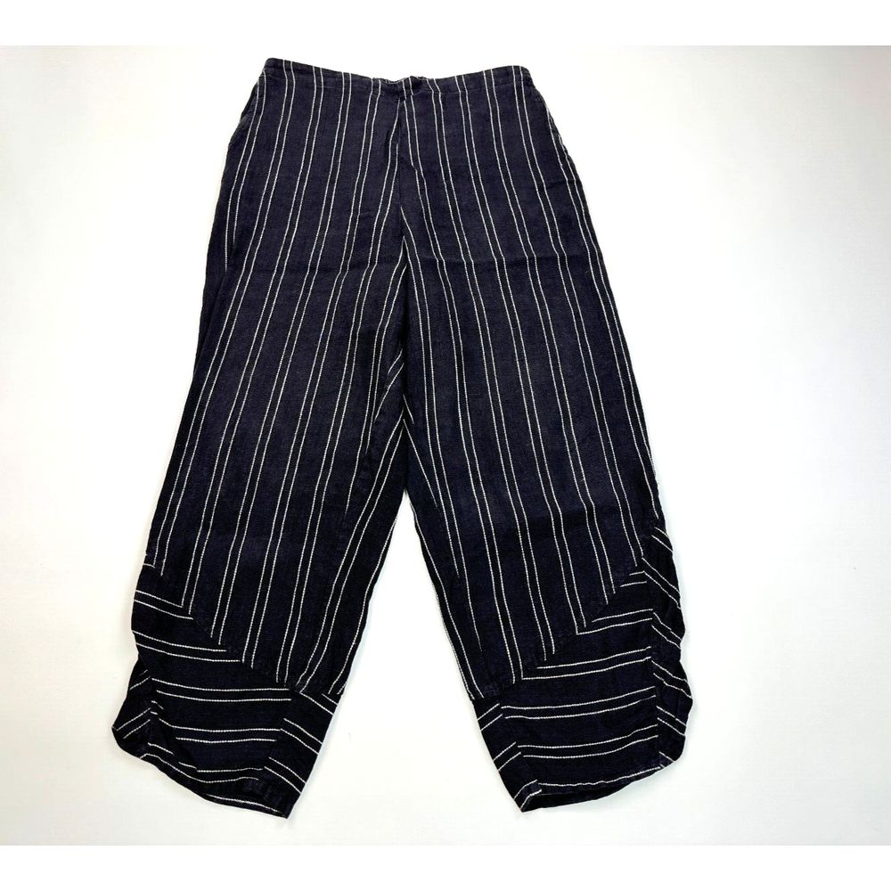 Flax Linen Lantern Pants Women S Pockets Striped Flat Front Elastic waist Black