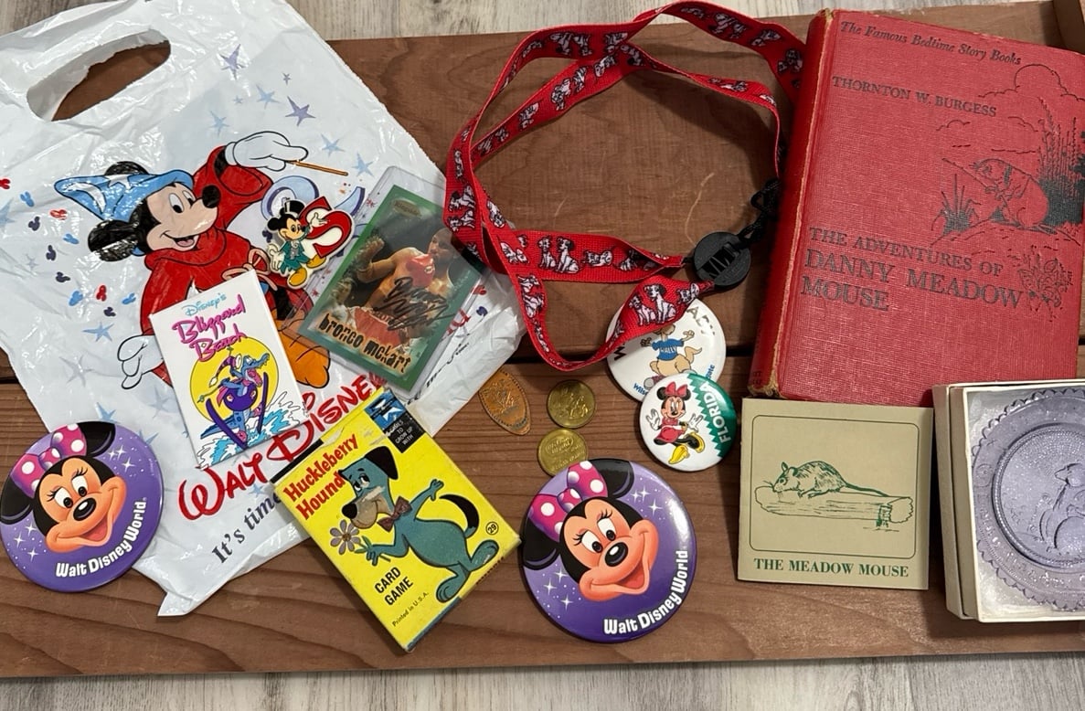 DISNEY VINTAGE LANYARD BUTTONS TOKENS KEEPSAKE BOOK GLASS MINI PLATE CARD GAME