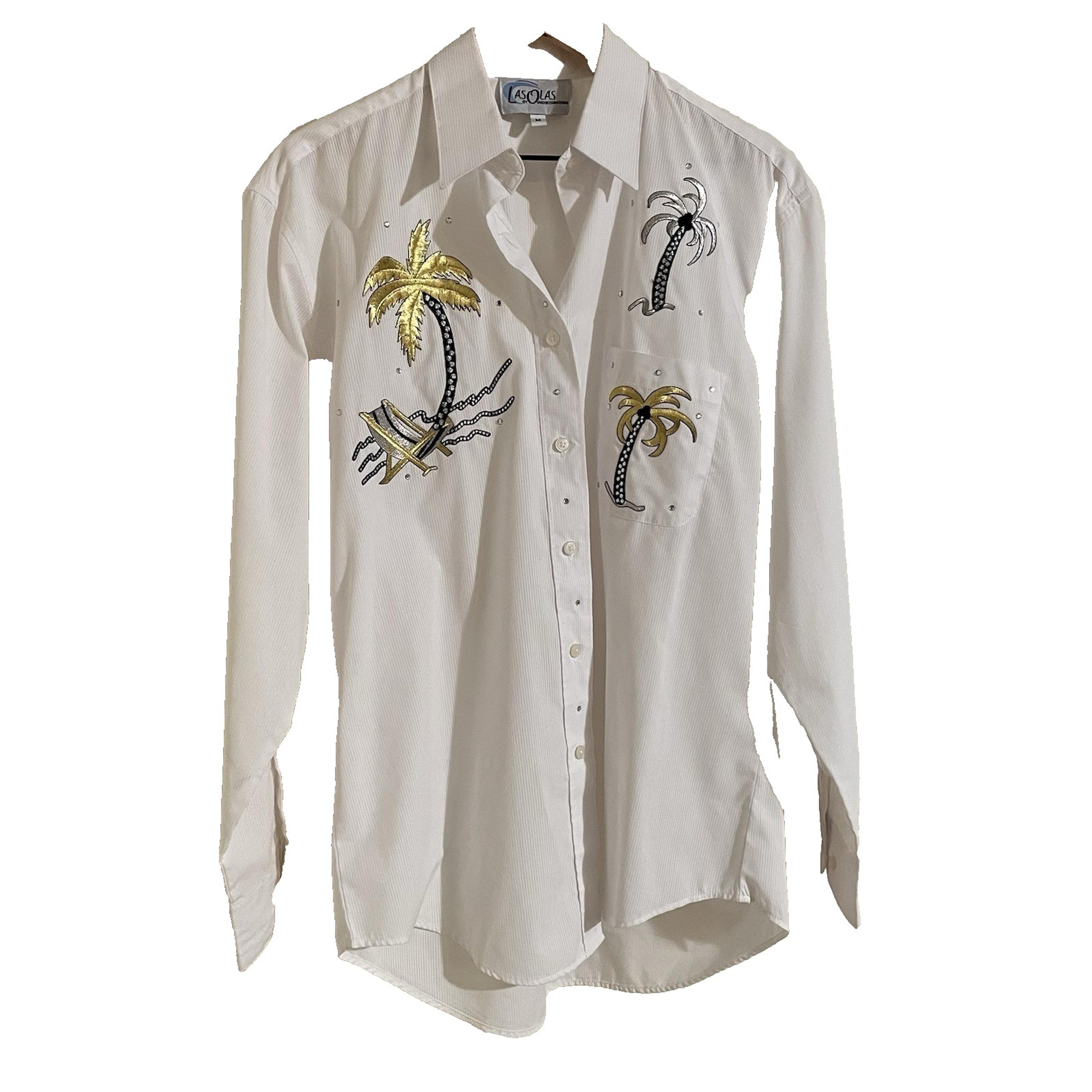 LAS OLAS VINTAGE Button Down Women's Medium Sequins with Gold Black Palm Trees