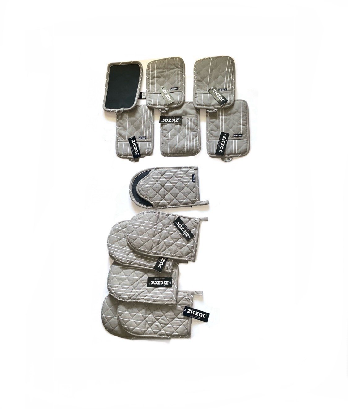Ziczac Pot Holder and Oven Mitt Set - Gray White Stripes, 12 piece set !!