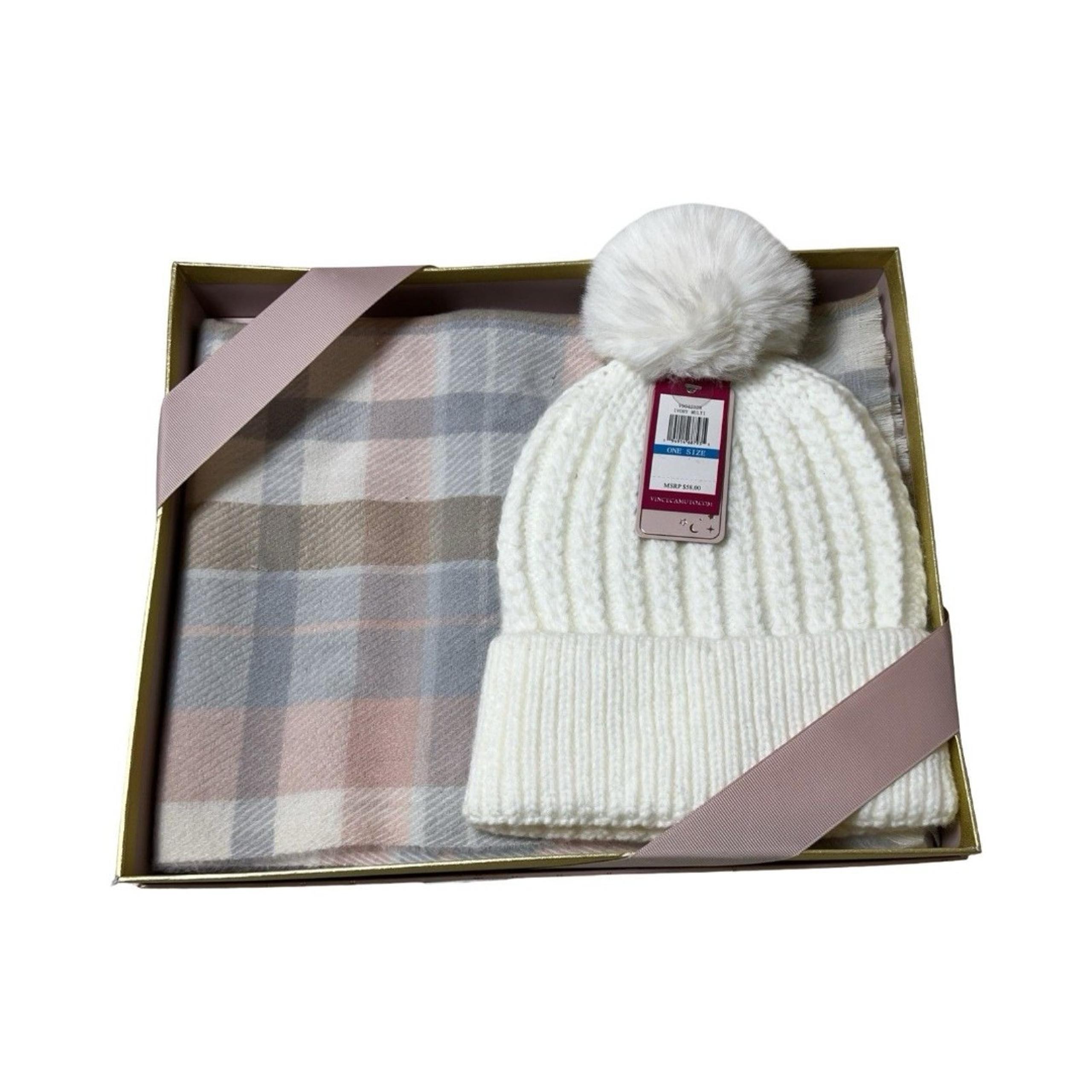 Vince Camuto Scarf And Hat Ivory Pom Beanie Pink Blue Soft Scarf Nwt