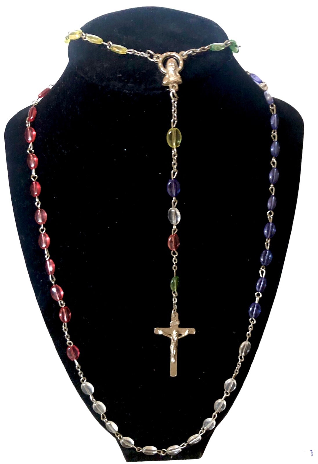 Rosary Glass Rainbow Beads Necklace Multi-Color, Madonna at the center