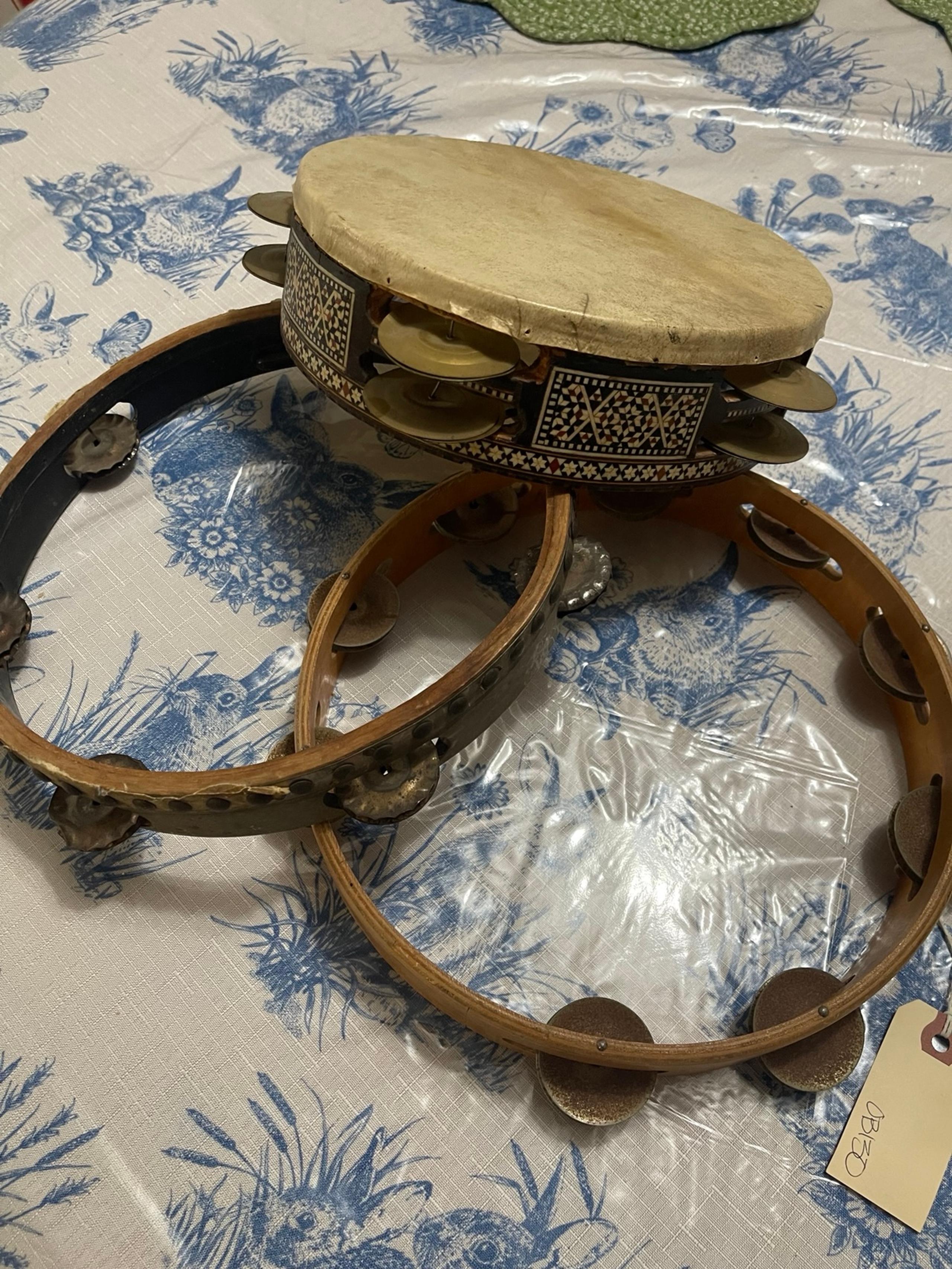 Vintage set of tambourines wood metal inlay riqq drum tambourine music art