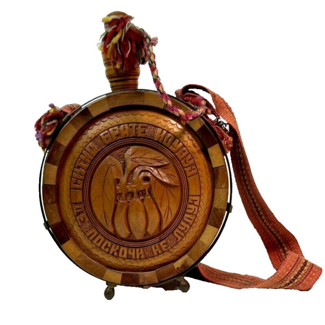 Vintage Wooden Flask Drinking Vessel Antique Hand Carved Wooden Flask w/Strap