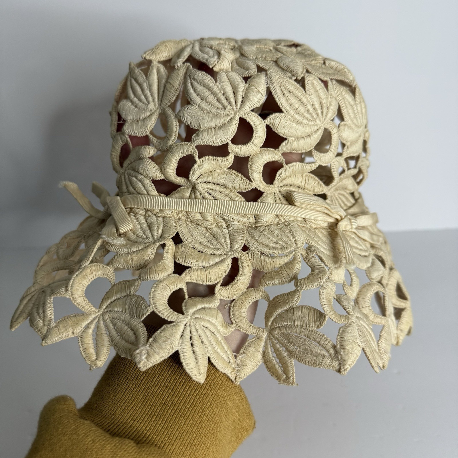 Vintage 1960s Crochet Hat Lace Design Floral Bow Bucket Hat Girly Artsy Boho