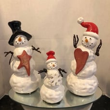 Vintage Christmas Snowman Family On A Mirror With Box LOVE JOY Mom Dad Child Set