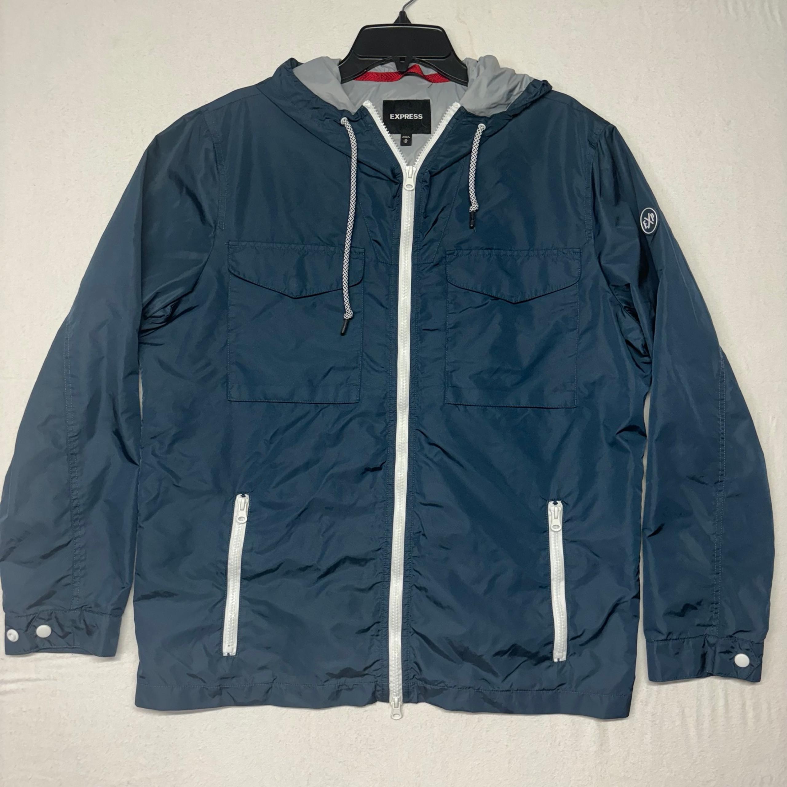 Express Mens Track Jacket M Navy Blue Hooded Windbreaker Full Zip Up Performance