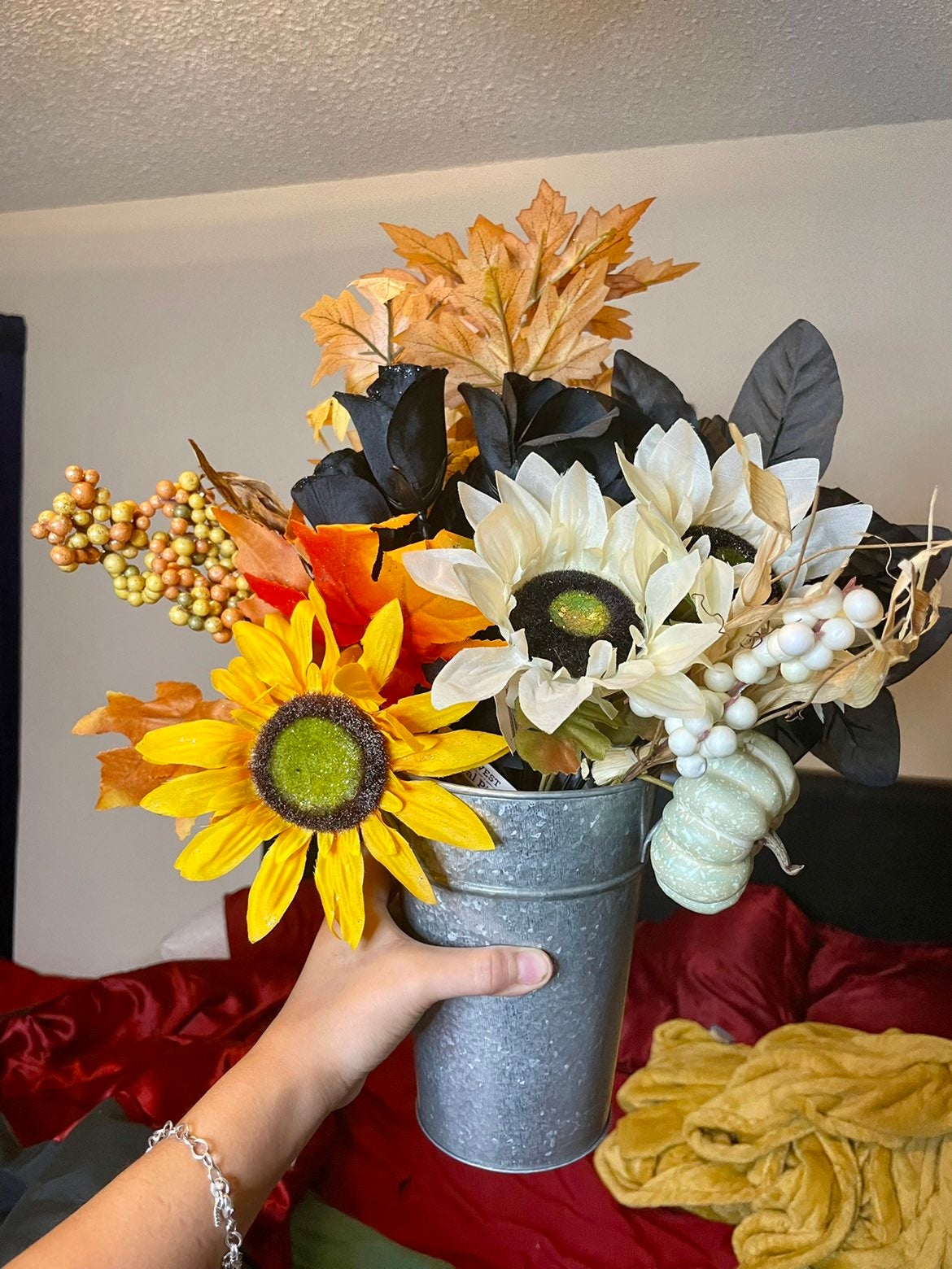 Pot w/ Fall Fake Flowers artificial bouquet