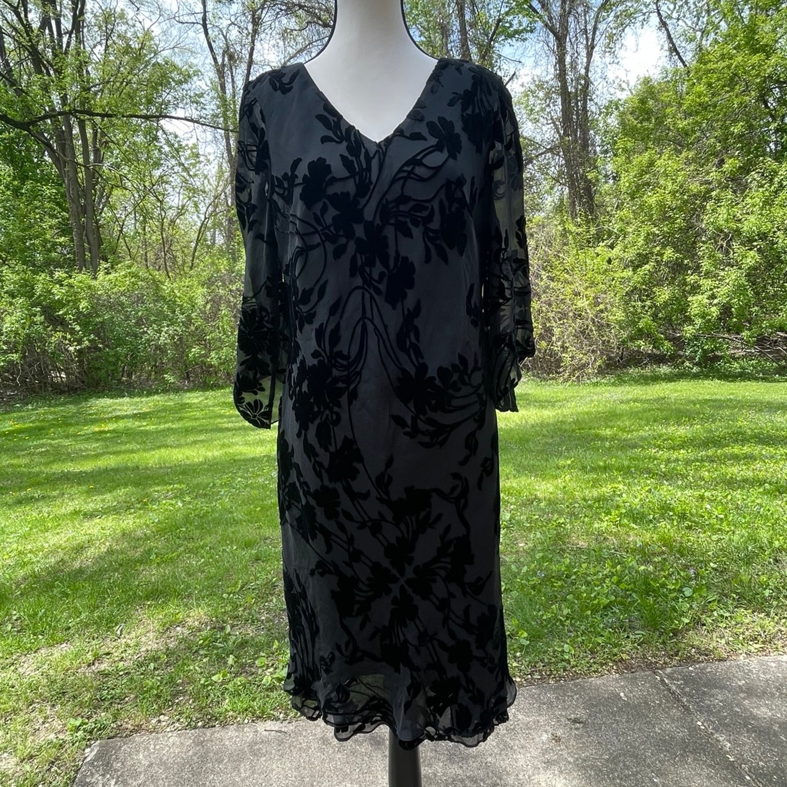 Vtg Y2K Whimsigoth witchy Sheer bell sleeve Burnout Velvet Talbots Midi dress 12