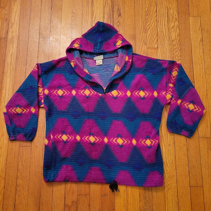 Jeans Wear Vintage M Southwestern Baja Hoodie Geometric Print Hood Tassel Drawst