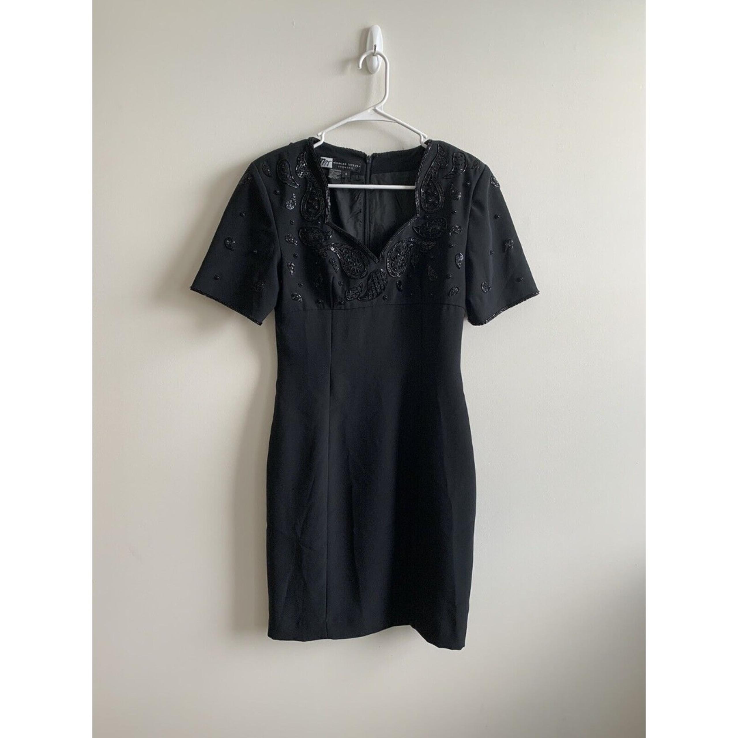 Morgan Taylor Evening Size 4 Black Beaded Dress Knee Length Short Sleeve