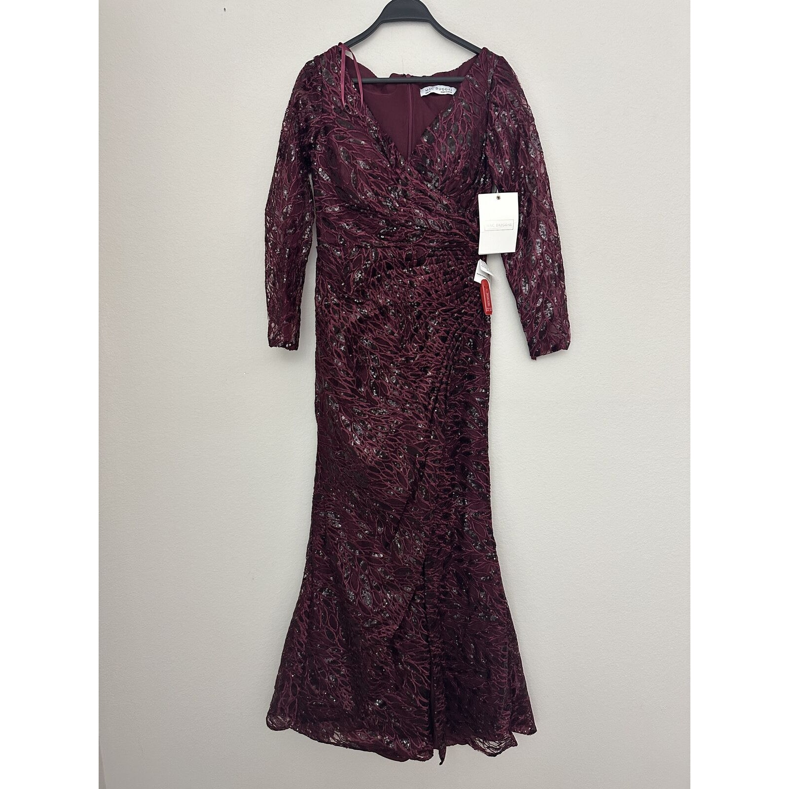 NWT Mac Duggal Maroon Lace V-Neck Ruched Cocktail Dress 12412 Size 8