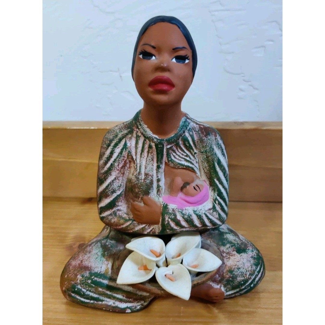 Vtg Woman W Baby Mexican Folk Art Pottery Hand Painted Calla Lily Signed 1998