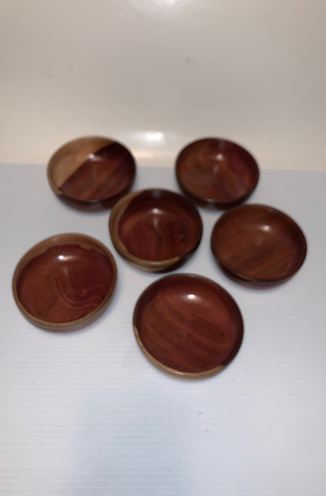 Set of Six Small Wooden Bowls /Brown and Tan