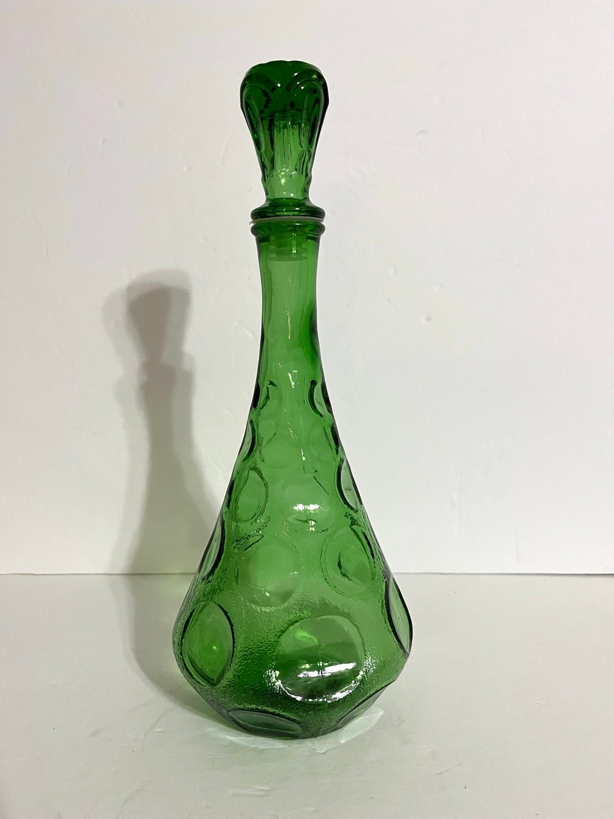 Vintage Empoli Emerald Green Coin Dot Glass Genie Decanter Bottle Made In Italy