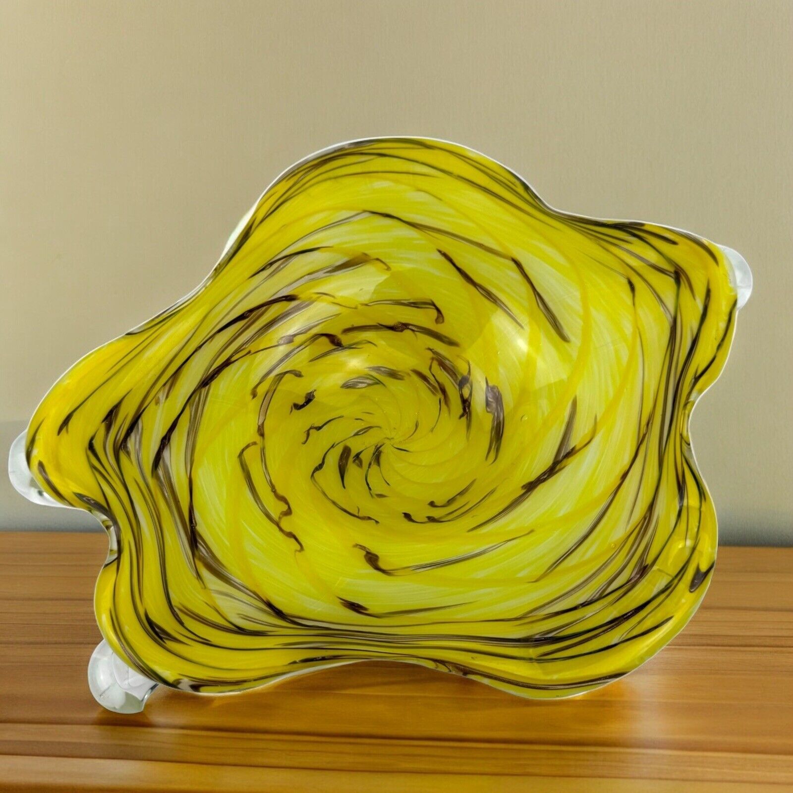 Vintage Murano Glass Candy Dish Flower Gold Shimmers On Yellow Aventurine Italy