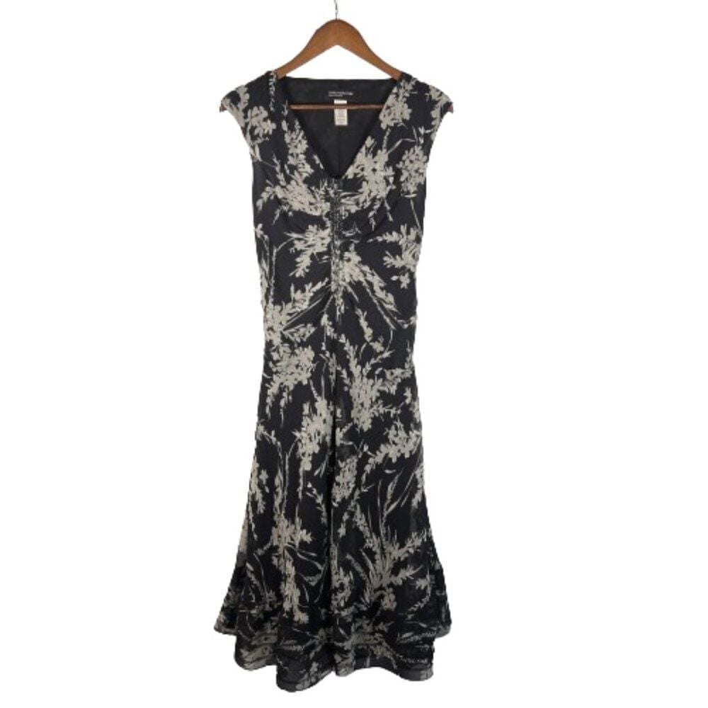 Jones New York Womens 100% Silk Beaded Floral Midi Dress Size 6 Cocktail Evening