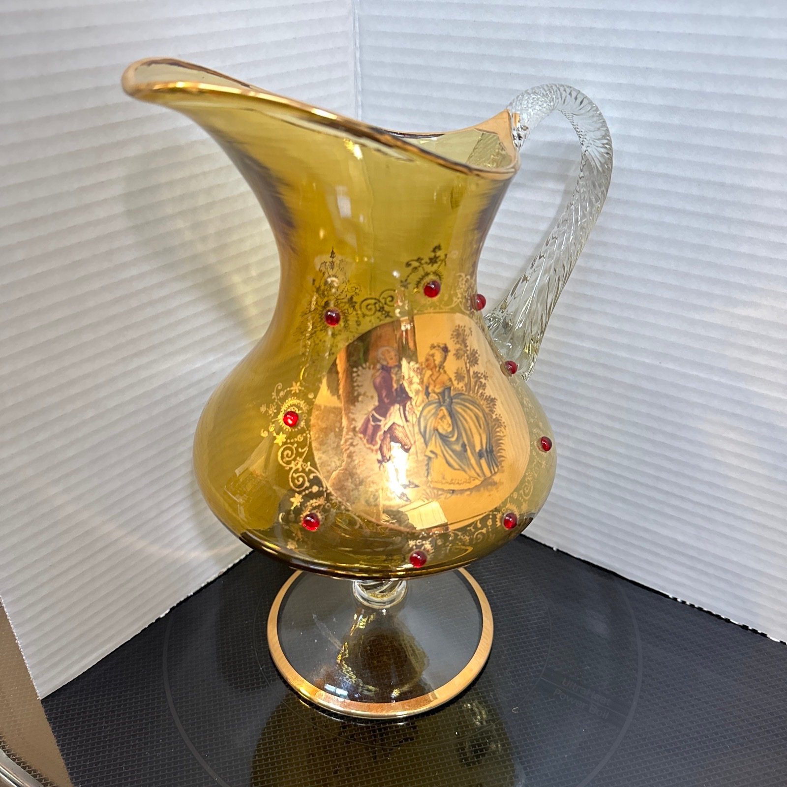 Vintage 24kt Gold Overlay Amber Glass Pitcher Vase Victorian Couple 10.5”