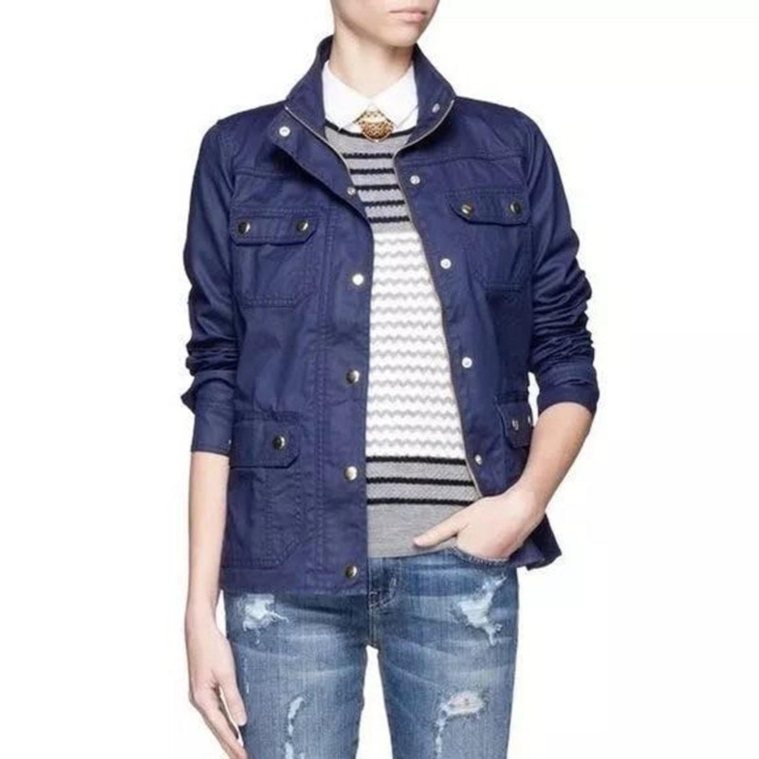 J.Crew Women's The Downtown Field Jacket Navy Blue Waxed Cotton Military