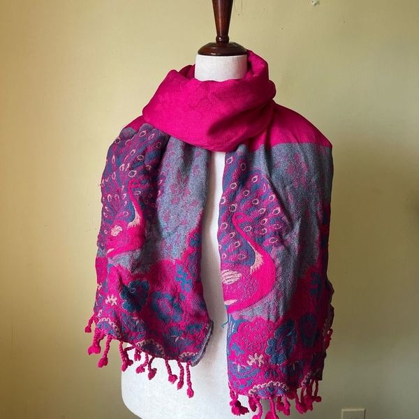 Embroidered Peacock Pashmina Scarf Hot Pink Blue Floral Fringe Wrap